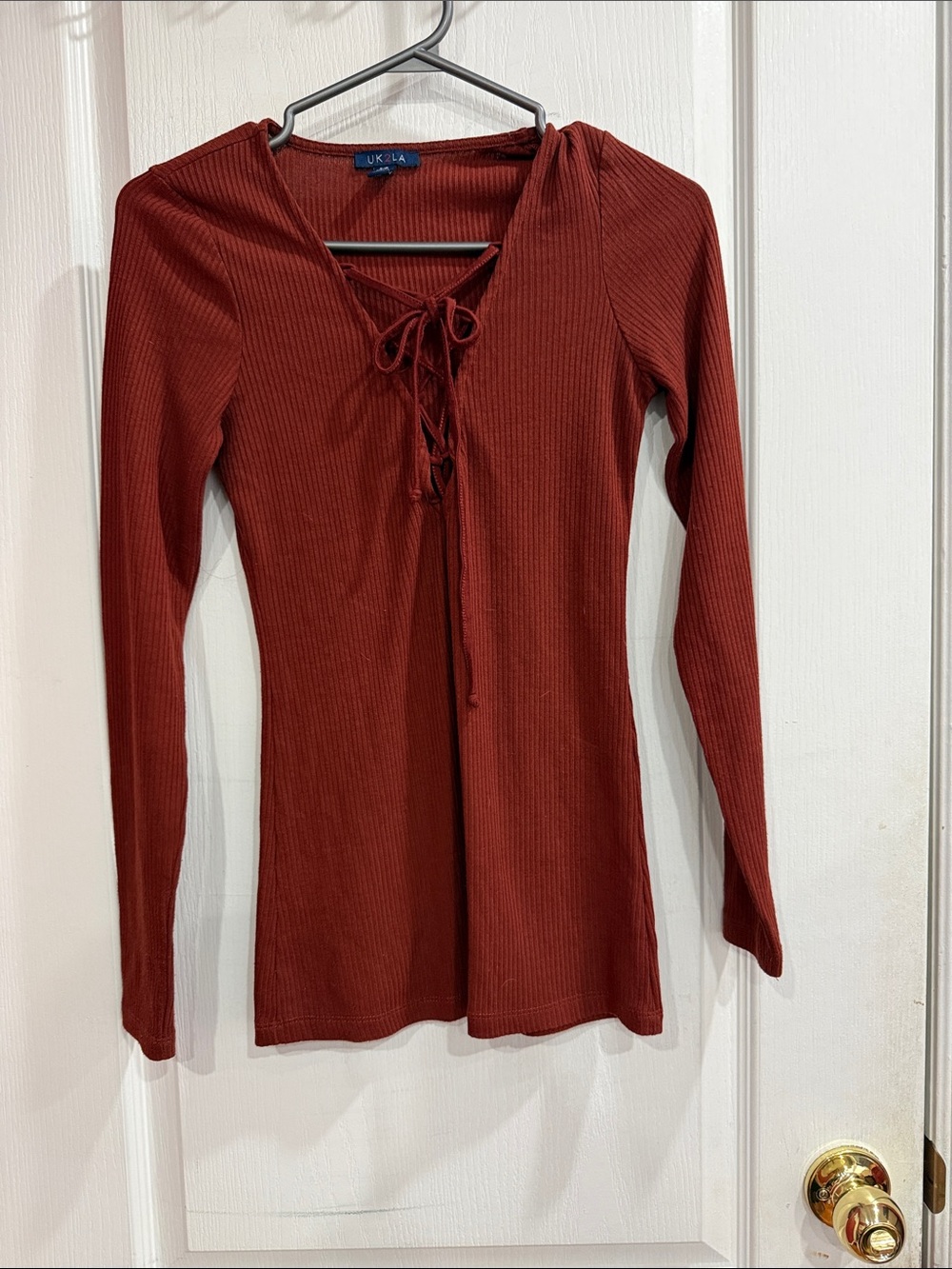 UK2LA Ribbed Lace-Up Long Sleeve Top - Rust Red